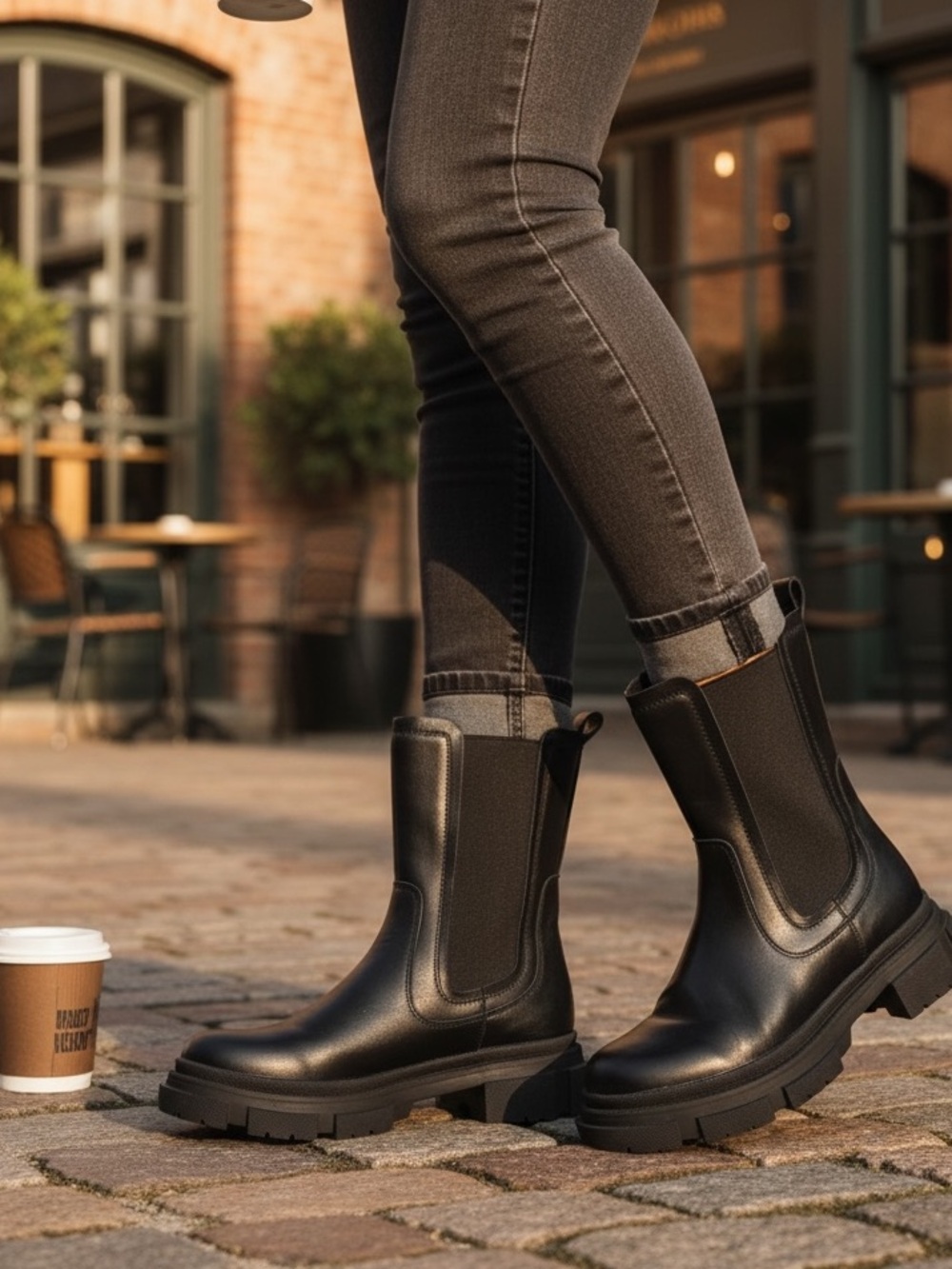 Yetier Women’s Black Lug-Sole Chelsea Ankle Boots